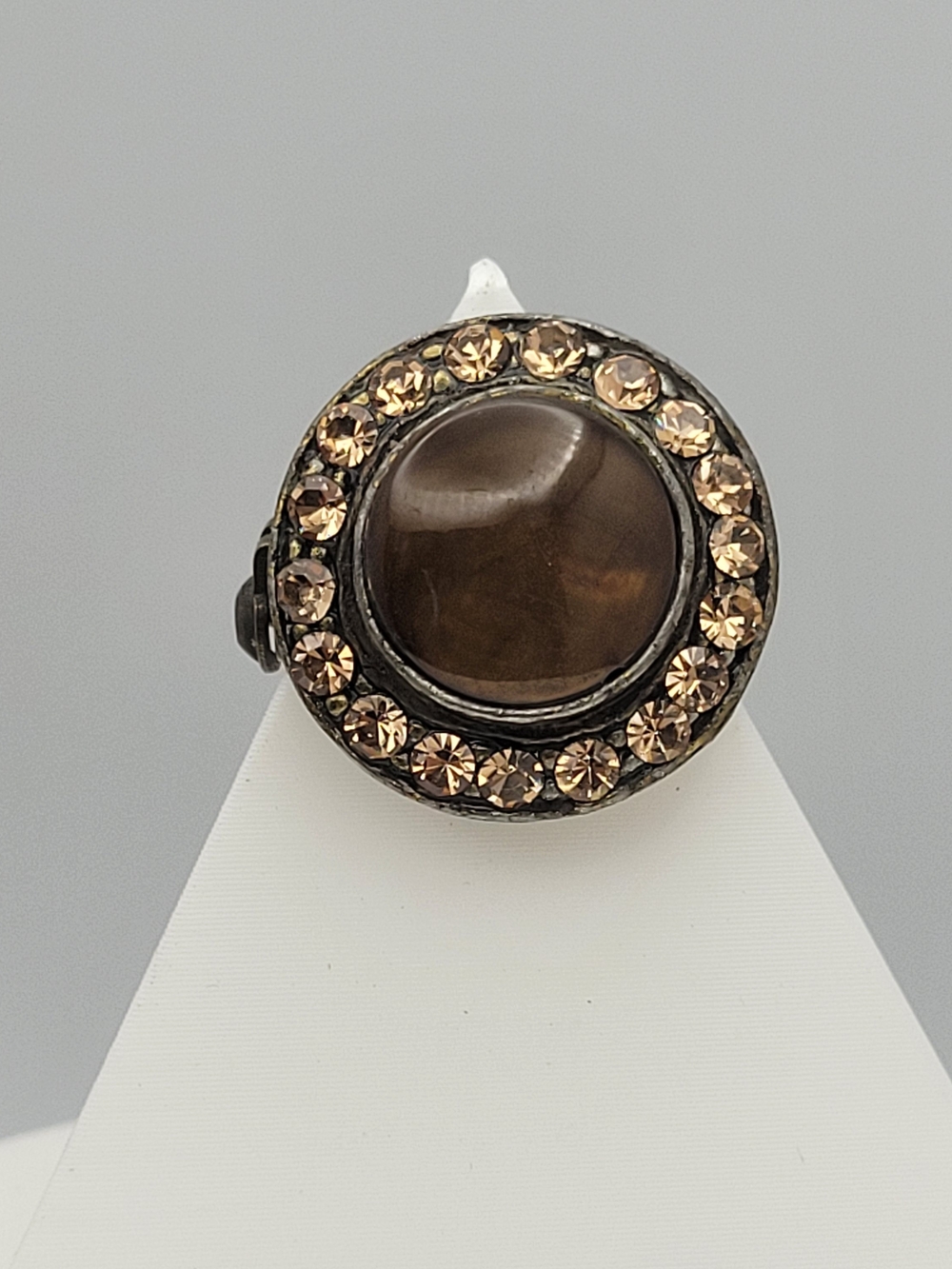 Vintage Smoky Cabochon & Champagne Rhinestone Circle Brooch